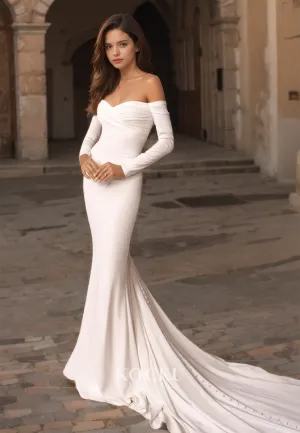 Sweetheart Mermaid Long Sleeves Pleated Satin Wedding Dress with Court Train Bridal Gowns